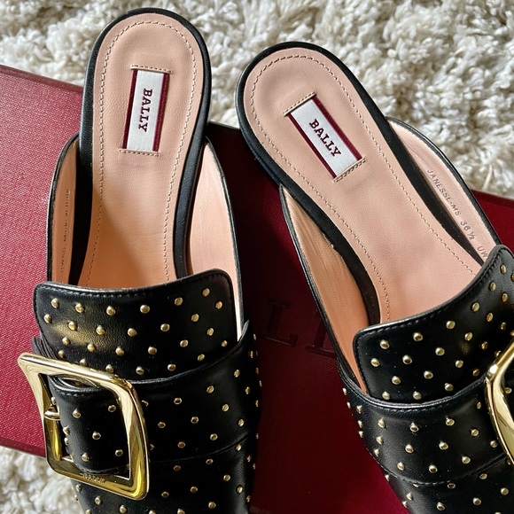 BALLY Janesse Metal Black & Gold Stud Mule Loafers - Picture 11 of 14